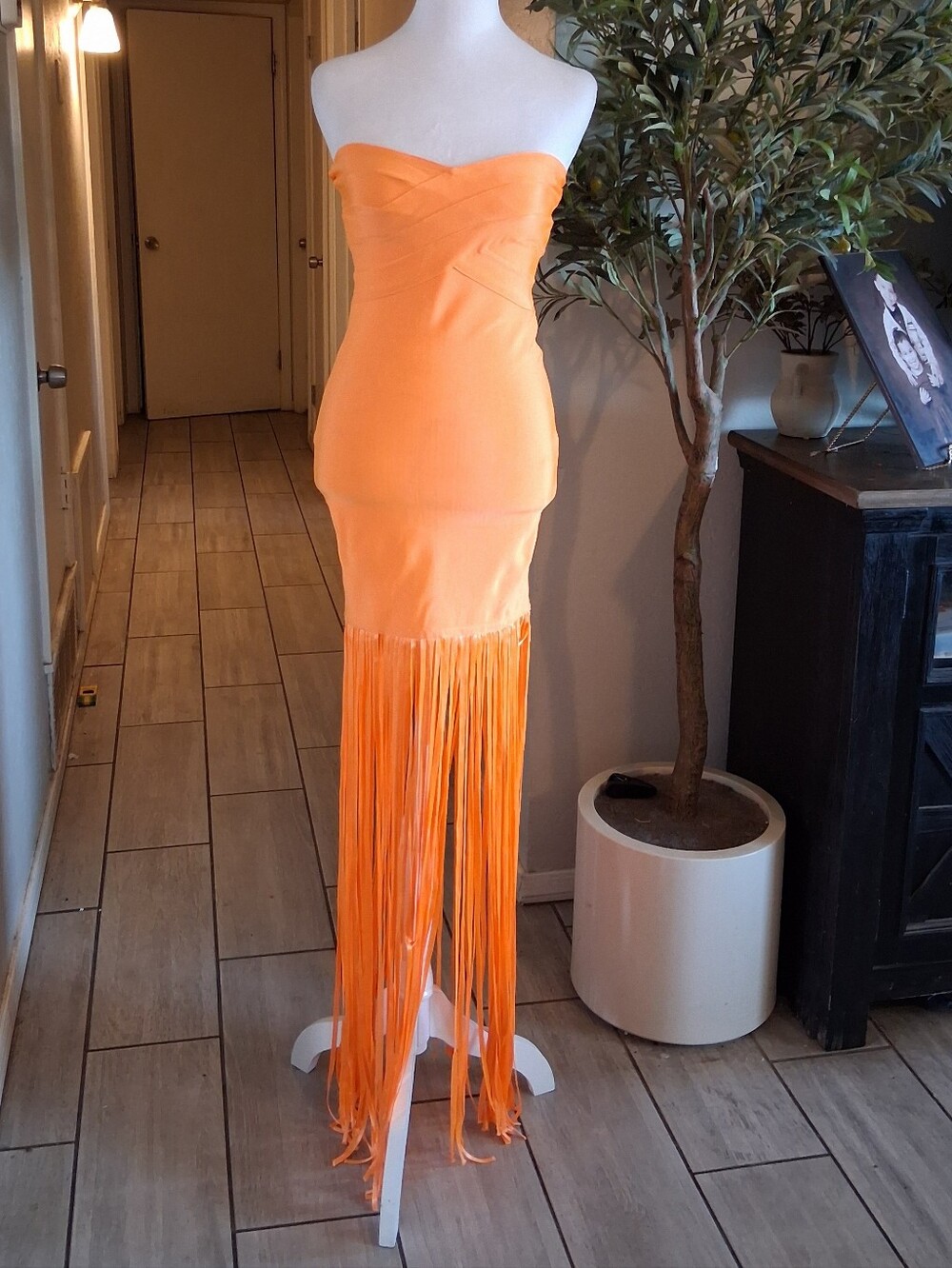 Gold Label Wow Couture Orange Fringe Maxi Dress Strapless Whimsigoth Festival